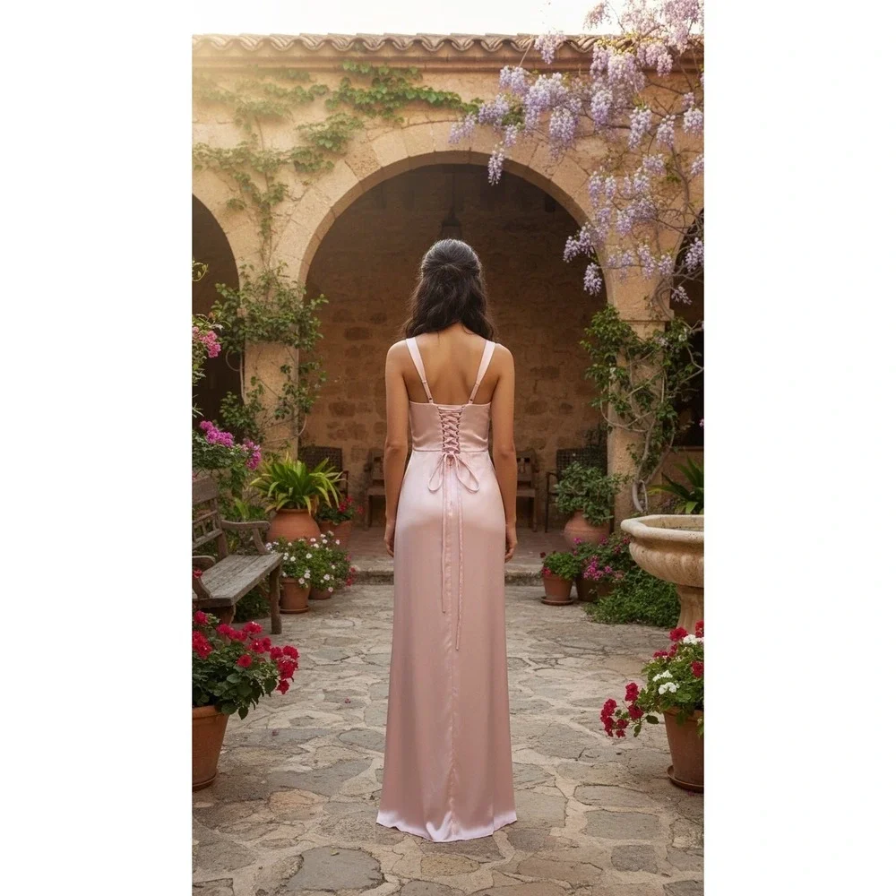 Light Pink Satin Maxi Dress 0 Corset Ruched Adjustable Straps Prom Formal NWT